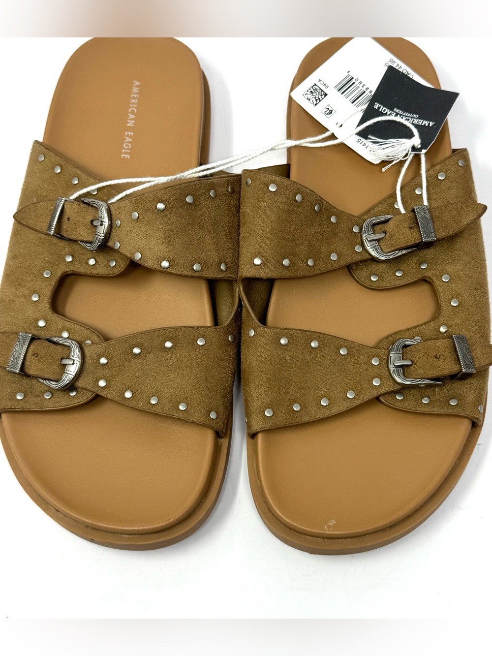 NEW American Eagle Tan Faux Suede Buckle Sandals Silver Studs Western Sz 8
